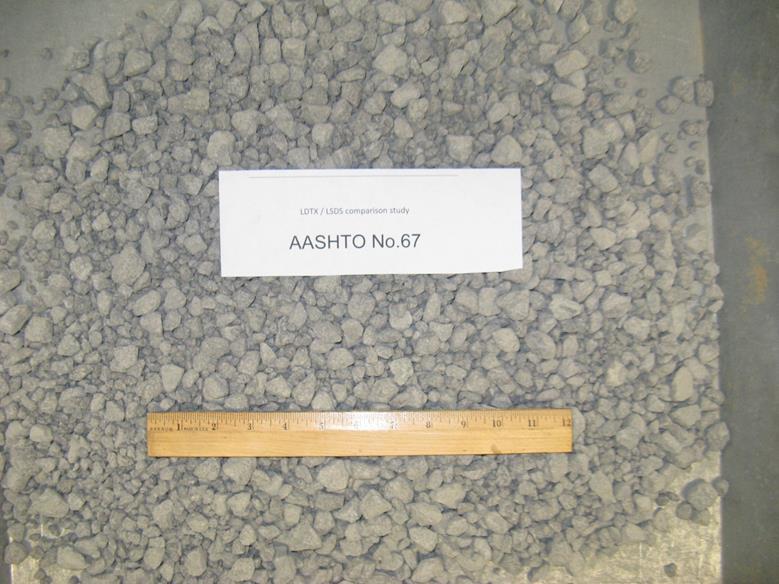 This photo shows the American Association of State and Highway Transportation Officials M43 gradation-based designated No. 67 aggregates with a diabase rock source supplied from a quarry in Ashburn, VA. The maximum values of dmax and d50, in inches, are 1.0 and 0.410, respectively. They are classified as a poorly graded gravel based on the Unified Soil Classification System. The minimum and maximum unit weights, in pounds per cubic ft, are 106.2 and 124.1, respectively.