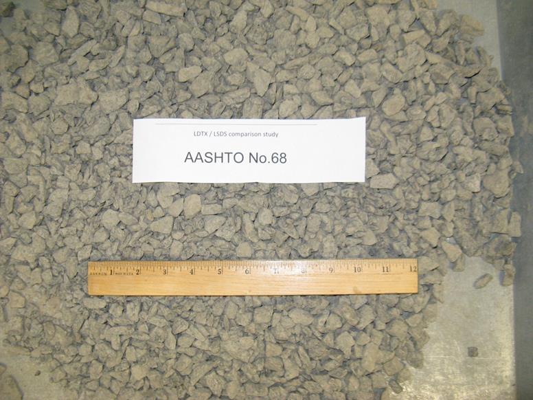This photo shows the American Association of State and Highway Transportation Officials M43 gradation-based designated No. 68 aggregates with a diabase rock source supplied from a quarry in Sterling, VA. The maximum values of dmax and d50, in inches, are 0.75 and 0.421, respectively. They are classified as a poorly graded gravel based on the Unified Soil Classification System. The minimum and maximum unit weights, in pounds per cubic ft, are 96.9 and 115.9, respectively.