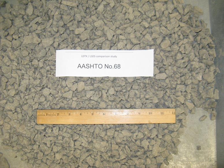 This photo shows the American Association of State and Highway Transportation Officials M43 gradation-based designated No. 68 aggregates with a diabase rock source supplied from a quarry in Sterling, VA. The maximum values of dmax and d50, in inches, are 0.75 and 0.421, respectively. They are classified as a poorly graded gravel based on the Unified Soil Classification System. The minimum and maximum unit weights, in pounds per cubic ft, are 96.9 and 115.9, respectively.