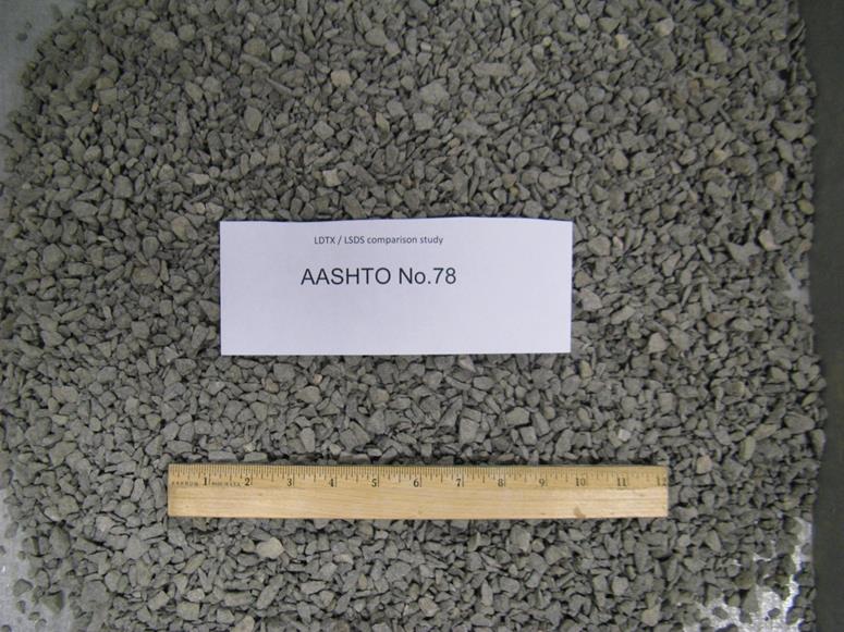 This photo shows the American Association of State and Highway Transportation Officials M43 gradation-based designated No. 78 aggregates with a diabase rock source supplied from a quarry in Sterling, VA. The maximum values of dmax and d50, in inches, are 0.75 and 0.305, respectively. They are classified as a poorly graded gravel based on the Unified Soil Classification System. The minimum and maximum unit weights, in pounds per cubic ft, are 92.3 and 109.6, respectively.