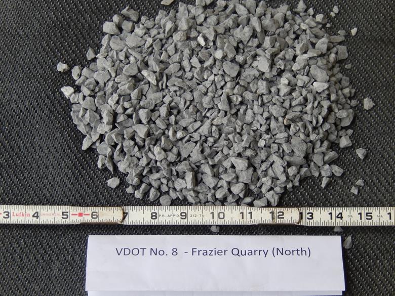 This photo shows the American Association of State and Highway Transportation Officials M43 gradation-based designated No. 8C aggregates with a limestone rock source from the Triassic period, supplied from a quarry in Harrisonburg, VA. The maximum values of dmax and d50, in inches, are 0.50 and 0.290, respectively. They are classified as a poorly graded gravel based on the Unified Soil Classification System.