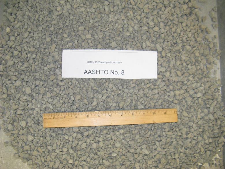 This photo shows the American Association of State and Highway Transportation Officials M43 gradation-based designated No. 8 aggregates with a diabase rock source supplied from a quarry in Ashburn, VA. The maximum values of dmax and d50, in inches, are 0.50 and 0.315, respectively. They are classified as a poorly graded gravel based on the Unified Soil Classification System. The minimum and maximum unit weights, in pounds per cubic ft, are 97.9 and 112.8, respectively.