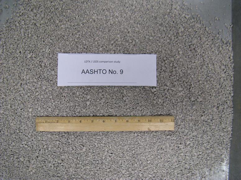 This photo shows the American Association of State and Highway Transportation Officials M43 gradation-based designated No. 9 aggregates with a diabase rock source supplied from a quarry in Sterling, VA. The maximum values of dmax and d50, in inches, are 0.375 and 0.125, respectively. They are classified as a poorly graded sand based on the Unified Soil Classification System. The minimum and maximum unit weights, in pounds per cubic ft, are 92.3 and 110.7, respectively.