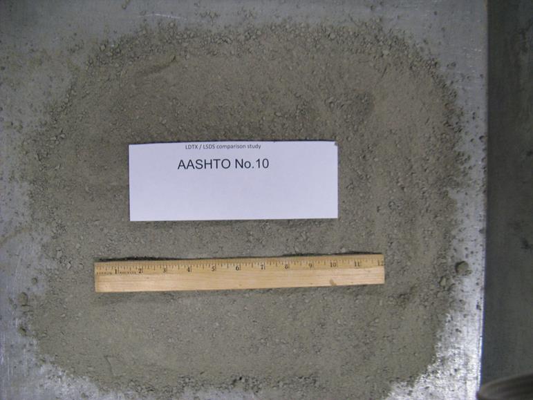 This photo shows the American Association of State and Highway Transportation Officials M43 gradation-based designated No. 10 aggregates with a diabase rock source supplied from a quarry in Ashburn, VA. The maximum values of dmax and d50, in inches, are 0.375 and 0.031, respectively. They are classified as a poorly graded sand based on the Unified Soil Classification System. The minimum and maximum unit weights, in pounds per cubic ft, are 115.8 and 146.3, respectively.
