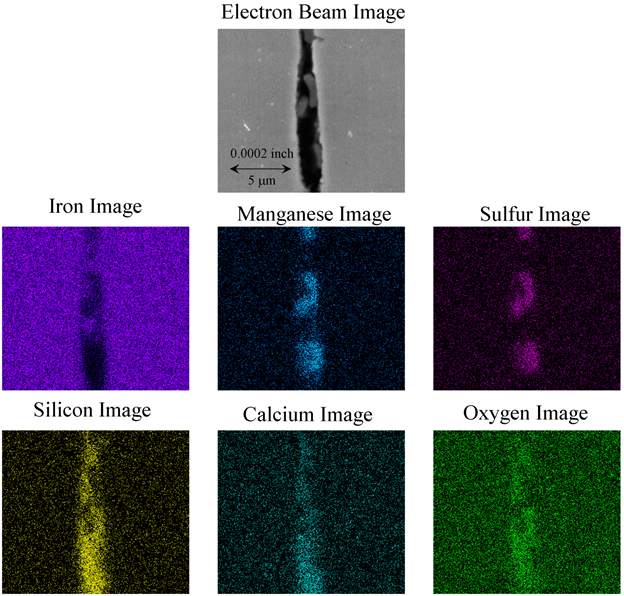 Figure 23. Photo. Electron beam image of inclusion 1 from SEM and associated images at same location taken with an EDX detector. This composite image shows an electron beam image of inclusion 1 from a scanning electron microscope (SEM) and associated images at the same location taken with an energy dispersive X-ray (EDX) detector. The top of the figure shows an SEM of a stringer inside the steel. The stringer is about 0.0001 inches wide and about 0.0005inches tall and appears black with bean-shaped nodules within it that are lighter grey. The middle left image is from the EDX detector showing the areas in the view with an iron signature (shown as purple) to be exclusively outside the stringer. The middle center image is from the EDX detector showing the areas in the view with a manganese signature (shown as blue) that correlate to the areas of the bean-shaped nodules. The middle right image is from the EDX detector showing the areas in the view with a sulfur signature (shown as purple) that correlate to the areas of the bean-shaped nodules. The bottom left image is from the EDX detector showing the areas in the view with a silicon signature (shown as yellow) that correlate to the areas of the black within the stringer. The bottom center image is from the EDX detector showing the areas in the view with a calcium signature (shown as light blue) that correlate to the areas of black within the stringer. The bottom right image is from the EDX detector showing the areas in the view with an oxygen signature (shown as green) that correlate to the areas of black within the stringer. Together, these images point to evidence that the bean-shaped nodules are manganese sulfide and that the remaining area of the stringer is calcium silicate. Figure 23. Photo. Electron beam image of inclusion 1 from SEM and associated images at same location taken with an EDX detector. This composite image shows an electron beam image of inclusion 1 from a scanning electron microscope (SEM) and associated images at the same location taken with an energy dispersive X-ray (EDX) detector. The top of the figure shows an SEM of a stringer inside the steel. The stringer is about 0.0001 inches wide and about 0.0005inches tall and appears black with bean-shaped nodules within it that are lighter grey. The middle left image is from the EDX detector showing the areas in the view with an iron signature (shown as purple) to be exclusively outside the stringer. The middle center image is from the EDX detector showing the areas in the view with a manganese signature (shown as blue) that correlate to the areas of the bean-shaped nodules. The middle right image is from the EDX detector showing the areas in the view with a sulfur signature (shown as purple) that correlate to the areas of the bean-shaped nodules. The bottom left image is from the EDX detector showing the areas in the view with a silicon signature (shown as yellow) that correlate to the areas of the black within the stringer. The bottom center image is from the EDX detector showing the areas in the view with a calcium signature (shown as light blue) that correlate to the areas of black within the stringer. The bottom right image is from the EDX detector showing the areas in the view with an oxygen signature (shown as green) that correlate to the areas of black within the stringer. Together, these images point to evidence that the bean-shaped nodules are manganese sulfide and that the remaining area of the stringer is calcium silicate.