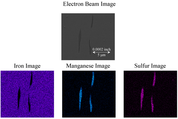 Figure 24. Photo. Electron beam image of inclusion 2 from SEM and associated images at same location taken with an EDX detector. This composite image shows an electron beam image of inclusion 2 from a scanning electron microscope (SEM) and associated images at the same location taken with an energy dispersive X-ray (EDX) detector. The top of the figure shows the SEM image of three thin, vertically oriented stringer inclusions. The bottom left image is from the EDX detector showing the area in the view with an iron signature (shown as purple) that is outside the three stringers. The bottom center image is from the EDX detector showing the area in the view with a manganese signature (shown as blue) that correlates to the areas of the three stringers. The bottom right image is from the EDX detector showing the areas in the view with a sulfur signature (shown as purple) that correlates to the areas of the three stringers. Together, these images point to evidence that the three stringers are manganese sulfide Figure 24. Photo. Electron beam image of inclusion 2 from SEM and associated images at same location taken with an EDX detector. This composite image shows an electron beam image of inclusion 2 from a scanning electron microscope (SEM) and associated images at the same location taken with an energy dispersive X-ray (EDX) detector. The top of the figure shows the SEM image of three thin, vertically oriented stringer inclusions. The bottom left image is from the EDX detector showing the area in the view with an iron signature (shown as purple) that is outside the three stringers. The bottom center image is from the EDX detector showing the area in the view with a manganese signature (shown as blue) that correlates to the areas of the three stringers. The bottom right image is from the EDX detector showing the areas in the view with a sulfur signature (shown as purple) that correlates to the areas of the three stringers. Together, these images point to evidence that the three stringers are manganese sulfide