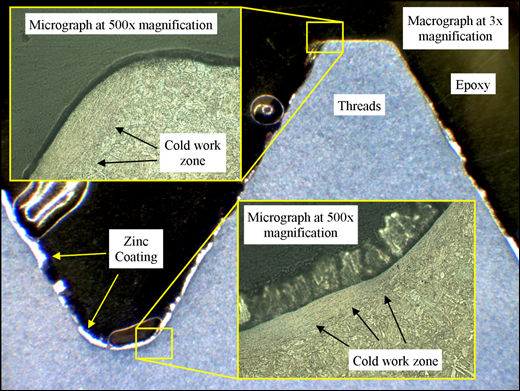 Figure 32. Photo. Macrograph of thread with micrograph overlays taken at thread root and crest and etched with 2-percent nital. This composite image has a background of a macrograph of a thread sample that has been etched with 2-percent nital and viewed under bright field illumination at 3x magnification. The thread sample is mounted in epoxy, which appears black. Remnants of the zinc coating appear as bright white, and the steel is light grey. Two micrographs are overlaid on the background image. The overlay in the upper left corner is a micrograph taken at a 500x
magnification of a thread crest. The image shows a compressed microstructure along the sloped edge of the thread. The second overlay photo shown in the bottom right shows a 500x
magnification micrograph of the thread root. The same compressed microstructure can be seen in the thread root, although it is very shallow. Figure 32. Photo. Macrograph of thread with micrograph overlays taken at thread root and crest and etched with 2-percent nital. This composite image has a background of a macrograph of a thread sample that has been etched with 2-percent nital and viewed under bright field illumination at 3x magnification. The thread sample is mounted in epoxy, which appears black. Remnants of the zinc coating appear as bright white, and the steel is light grey. Two micrographs are overlaid on the background image. The overlay in the upper left corner is a micrograph taken at a 500x
magnification of a thread crest. The image shows a compressed microstructure along the sloped edge of the thread. The second overlay photo shown in the bottom right shows a 500x
magnification micrograph of the thread root. The same compressed microstructure can be seen in the thread root, although it is very shallow.