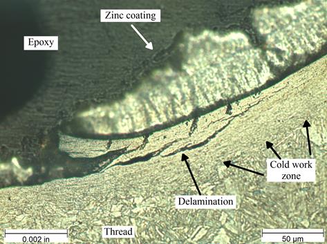 Figure 33. Photo. Micrograph of typical delamination at thread surface etched with 2‑percent nital at 500x magnification. This photo shows a micrograph that was taken of a thread surface from a sample mounted in epoxy and etched in 2-percent nital. It was viewed under bright field illumination at 500x magnification. A scale bar with a length of 0.002 inches is shown in the lower left corner of the photo, and a scale bar with a length of 50 micrometers is shown in the lower right corner. The epoxy mounting material appears black and is on the left side of the photo. The zinc coating can be seen on the thread surface. A region of cold work can be seen on the thread surface because of the compressed look of the microstructure. The image also shows a delamination that formed within the cold-worked region that follows the contour of the thread root. Figure 33. Photo. Micrograph of typical delamination at thread surface etched with 2‑percent nital at 500x magnification. This photo shows a micrograph that was taken of a thread surface from a sample mounted in epoxy and etched in 2-percent nital. It was viewed under bright field illumination at 500x magnification. A scale bar with a length of 0.002 inches is shown in the lower left corner of the photo, and a scale bar with a length of 50 micrometers is shown in the lower right corner. The epoxy mounting material appears black and is on the left side of the photo. The zinc coating can be seen on the thread surface. A region of cold work can be seen on the thread surface because of the compressed look of the microstructure. The image also shows a delamination that formed within the cold-worked region that follows the contour of the thread root.