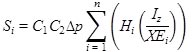 S subscript i equals the product of C subscript 1 times C subscript 2 times delta p times the summation for i equal to 1 to n for the product of open parenthesis H subscript i times open parenthesis I subscript z divided by the product of X times E subscript I closed parenthesis closed parenthesis.