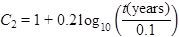 C subscript 2 equals 1 plus 0.2 times logarithm 10 of open parenthesis t open parenthesis years closed parenthesis divided by 0.1 closed parenthesis.