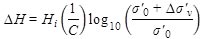 Delta H equals H subscript i times open parenthesis 1 divided by C closed parenthesis times logarithm 10 of the fraction of the summation of open parenthesis sigma prime subscript 0 plus delta times sigma prime subscript v divided by sigma prime subscript 0 closed parenthesis.