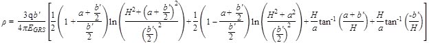 Rho equals 3 times q times b prime divided by 4 times pi time E subscript GRS times open bracket one-half times open parenthesis 1 plus the fraction a plus b prime divided by 2 all divided by b prime divided by 2 closed parenthesis times ln times open parenthesis fraction H squared plus open parenthesis a plus b prime divided by 2 closed parenthesis squared all divided by open parenthesis b prime divided by 2 closed parenthesis squared closed parenthesis plus one-half times open parenthesis 1 minus the fraction a plus b prime divided by 2 all divided by b prime divided by 2 closed parenthesis times ln times open parenthesis the fraction H squared plus a squared all divided by open parenthesis b prime divided by 2 closed parenthesis squared closed parenthesis plus H divided by a times tan superscript -1 times open parenthesis fraction a plus b prime all divided by H closed parenthesis plus fraction H divided by a times tan superscript -1 times open parenthesis fraction –b prime divided by H closed parenthesis closed bracket.