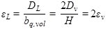 Epsilon subscript L equals the ratio of D subscript L divided by b subscript q,vol which equals the ratio of 2 times D subscript v divided by H, which equals 2 times epsilon subscript v.