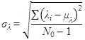 Sigma subscript lambda equals the square root of the summation of open parenthesis lambda subscript i minus mu subscript lambda closed parenthesis squared all divided by N subscript 0 minus 1. 