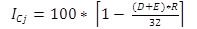 Figure 11. Equation. Defect condition index. I sub Cj equals 100 times open bracket 1 minus open parenthesis D plus E close parenthesis times R divided by 32 close bracket.