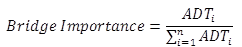 Figure 12. Equation. Bridge importance factor. Bridge importance equals ADT sub i divided by the summation of ADT sub i from i equals 1 to n.