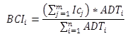 Figure 13. Equation. Final bridge condition. The equation calculates BCI sub i as equal to open parenthesis the summation of I sub Cj from j equals 1 to m close parenthesis times ADT sub i divided by the summation of ADT sub i from i equals 1 to n.