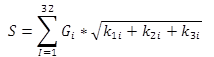 Figure 18. Equation. Overall bridge condition rating. S equals the summation of G sub i from i equals 1 to 32 times the square root of k sub 1i plus k sub 2i plus k sub 3i.