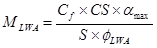 Figure 3. Equation. Amount of IC water needed based on the chemical shrinkage occurring in the sample. M subscript LWA equals the product of C subscript f times CS times alpha subscript max all divided by S times phi subscript LWA.