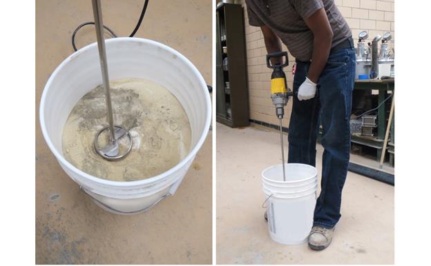 Figure 4. Photo. Mixing M2 grout using a drill and a paddle. Two photos are shown side by side. The left photo shows a 5-gal (18.93-L) bucket filled with M2 grout, and the right photo shows a person using a paddle attached to a conventional drill to mix the grout