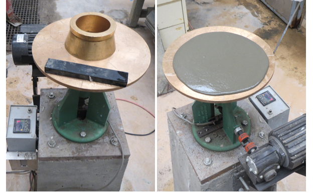 Figure 5. Photo. Flow table test as per ASTM C1437, including accessories to run the test (left) and grout spread (right). Two photos are shown side by side. The left photo shows the circular flow table used for measuring the flow of cementitious pastes and mortars via the ASTM C1437 test method. The table is attached to a motor device to automatically produce the number of drops needed for the test. There is a flow mold in the form of truncated cone and a tamper needed to consolidate the mixture in the flow mold. The right photo shows the spread of a cementitious grout after dropping the table.