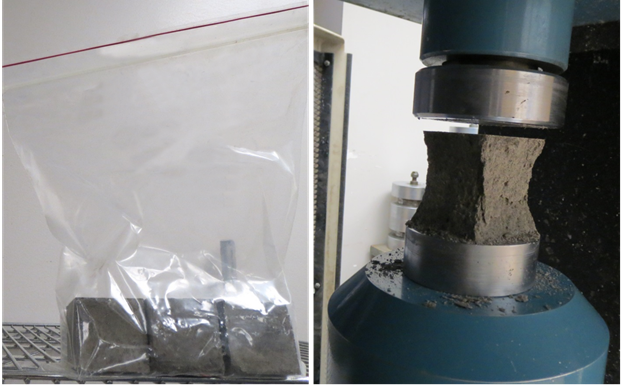 Figure 9. Photo. Compressive strength cube specimens (left) and cube specimen after test via ASTM C109 (right). Two photos are shown side by side. The left photo shows three 2- by 2- by 2-inch (51- by 51- by 51-mm) cube specimens used for measuring the compressive strength of the grout material according to ASTM C109. The cubes are kept sealed in a plastic zipper storage bag until the date of the test. The right photo shows a cube specimen right after being tested, showing the typical failure mode obtained in these specimens.