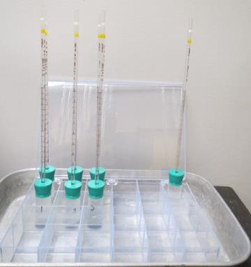  Figure 11. Photo. Chemical shrinkage testing via ASTM C1608. This photo shows seven specimens used to measure chemical shrinkage in grout materials via ASTM C1608. The specimens consist of approximately 0.35 oz (10 g) of fresh grout poured in cylindrical glass vials with a 1-inch (25.4-mm) diameter and 2.5-inch (63.5-mm) height. The vials are closed with a rubber stopper into which a capillary tube is inserted. The capillary tube allows an accurate read of the water level drop as chemical shrinkage takes place in the grout sample. The vials are stored in a plastic box with compartments, with each one in a different compartment to reduce any thermal effects.