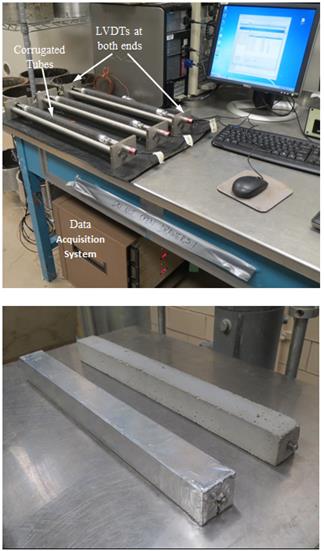 Figure 14. Photo. ASTM C1698 tubes setup (top) and sealed and drying ASTM C157 specimens (bottom). Two photos are shown one on top of the other. The top photo shows the test setup to measure autogenous shrinkage on grout specimens according to ASTM C1698. The grout specimens consist of three corrugated tubes with a 1-inch (25.4-mm) diameter and about 17 inch (431.8-mm) length containing the fresh grout material. The tubes are sealed at both ends with plastic caps to avoid moisture loss to the environment. Each tube is placed on top of a rack that holds it in a horizontal position throughout the duration of the test. A linear variable differential transformer (LVDT) is located at each end of the rack so that the specimens' length change over time can be measured. The LVDTs are connected to a data acquisition system as well as to a computer for the data collection. The bottom photo shows the type of grout specimens used for measuring long-term autogenous (sealed) and drying shrinkage via ASTM C157.