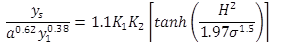 Figure 1. Equation. Pier scour in coarse bed materials (HEC-18). The equation calculates y sub s divided by divided by a exponent 0.62 divided by y sub 1 exponent 0.38 as equal to 1.1 times K sub 1 times K sub 2 times open bracket hyperbolic tangent of open parenthesis H squared divided by 1.97 divided by sigma exponent 1.5 close parenthesis close bracket.