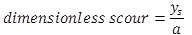 Figure 10. Equation. Dimensionless scour depth. The equation calculates dimensionless scour as equal to y sub s divided by a.