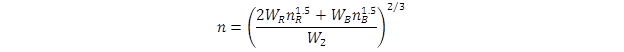 n equals open parenthesis 2 times W sub R times n sub R to the 1.5 power plus W sub B times n sub B to the 1.5 power close parenthesis divided by W sub 2 close parenthesis to the two-thirds power. n equals open parenthesis 2 times W sub R times n sub R to the 1.5 power plus W sub B times n sub B to the 1.5 power close parenthesis divided by W sub 2 close parenthesis to the two-thirds power.