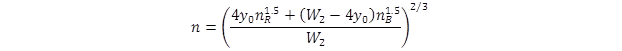 n equals open parenthesis 4 times y sub 0 times n sub R to the 1.5 power plus open parenthesis W sub 2 minus 4 times  y sub 0 close parenthesis times n sub B to the 1.5 power close parenthesis divided by  W sub 2 close parenthesis to the two-thirds power. n equals open parenthesis 4 times y sub 0 times n sub R to the 1.5 power plus open parenthesis W sub 2 minus 4 times  y sub 0 close parenthesis times n sub B to the 1.5 power close parenthesis divided by  W sub 2 close parenthesis to the two-thirds power.