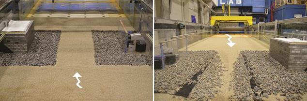 The left photo shows the actual pre-run installation in the flume. The riprap apron is placed around the base of the abutments on both sides. The top of the riprap apron is flush and level with the sand bed in the contracted section and both upstream and downstream of the contracted section. The right photo shows the post-run scour. The unprotected center has eroded, causing rocks from the apron to fall into the eroded center. The filter fabric is also partially exposed.