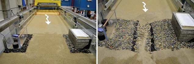 The left photo shows the actual pre-run installation in the flume. The riprap apron is placed around the base of the abutments on both sides, but only a narrow strip of rock is exposed. The top of the exposed riprap apron is flush and level with the sand bed in the contracted section and both upstream and downstream of the contracted section. The right photo shows the post-run scour. The unprotected center has eroded, causing rocks from the apron to fall into the eroded center. Much of the buried rock is exposed and the filter fabric is partially exposed.
