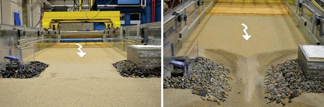 The left photo shows the actual pre-run installation in the flume. The riprap apron is placed around the base of the abutments on both sides with a relatively large quantity of rocks. The top of the exposed riprap apron extends above the level sand bed in the contracted section. The right photo shows the post-run scour. The unprotected center has eroded, causing rocks from the apron to fall into the extensively eroded center.
