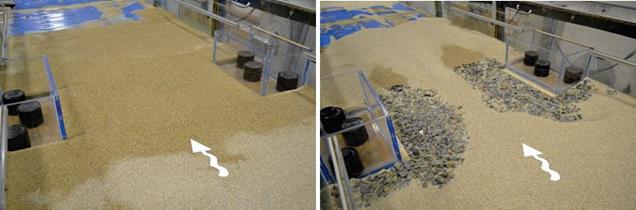 The left photo shows the actual pre-run installation in the flume. Because the riprap apron is buried, all that is visible is a level bed of sand upstream and downstream of the abutments and within the contraction. The right photo shows the post-run scour. Scour has exposed the buried riprap apron near the abutments, but not in the center of the channel. None of the riprap has been displaced.