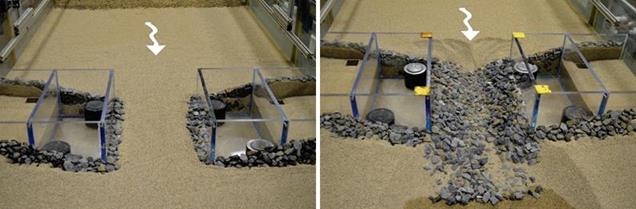 The left photo shows the actual pre-run installation in the flume. In this run, the abutments extend into the channel to the same extent as for run 8. Most of the riprap is buried except for a small width of rock adjacent to the abutments. In the center of the channel all that is visible is a level bed of sand.The right photo shows the post-run scour. Scour has exposed the buried riprap apron near the abutments and in the center of the channel. There is a scour hole at the upstream end of the riprap apron, and some rocks from the apron in the contracted section have been displaced to downstream of the contraction.