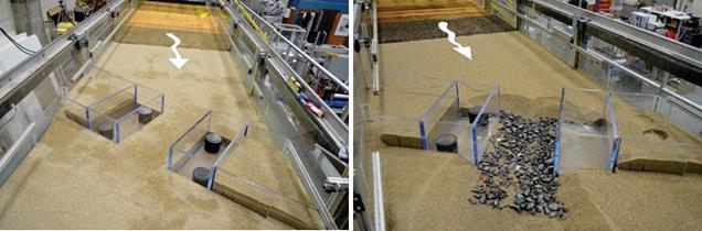 The left photo shows the actual pre-run installation in the flume. The abutments are skewed at a 30-degree angle. Because the riprap apron is buried, all that is visible is a level bed of sand upstream and downstream of the abutments and within the contraction. The right photo shows the post-run scour. Scour has exposed the buried riprap apron near the abutments and in the center of the channel. There is a scour hole at the upstream end of the riprap apron, and some rocks from the apron in the contracted section have been displaced to downstream of the contraction.