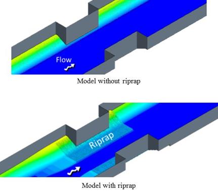 This figure shows a three-dimensional representation of the computational fluid dynamics model for the flush installation for two cases: (a) without riprap and (b) with riprap. Both show a rectangular abutment on both sides contracting part of the trapezoidal channel. In the case with riprap, the uniform placement of the riprap around the abutments and partially extending into the main channel is shown.