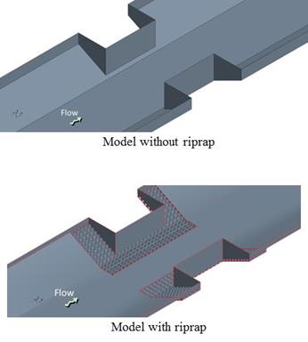 This figure shows a three-dimensional representation of the computational fluid dynamics model for buried installation for two cases: (a) without riprap and (b) with riprap. Both show a rectangular abutment on both sides contracting part of the trapezoidal channel. The case without riprap has the same configuration as the case without riprap for the flush installation because no riprap is present. In the case with riprap, the uniform placement of the riprap around the abutments and partially extending into the main channel, but deeper than the flush installation, is shown.