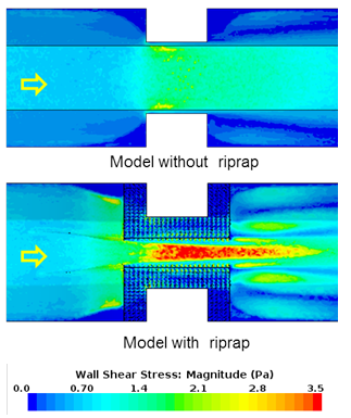 This figure compares plan views of bottom shear stress for a model without riprap (top) and with riprap (bottom). In the case without riprap, shear stresses are slightly elevated near the upstream corners of the abutment. In the case with riprap, the shear stresses are significantly elevated in the center of the contracted section between the riprap layers. (1 lbf/ft2 = 47.88 Pa)
