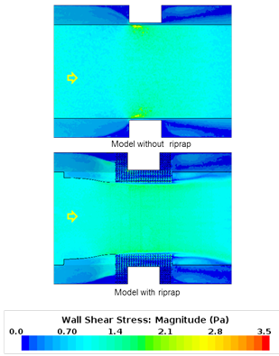 This figure compares plan views of bottom shear stress for a model without riprap (top) and with riprap (bottom) with less contraction than for case 13. In the case without riprap, shear stresses are not elevated near the upstream corners of the abutment or in the contraction. In the case with riprap, the shear stresses are only slightly elevated in the center of the contracted section between the riprap (1 lbf/ft2 = 47.88 Pa)