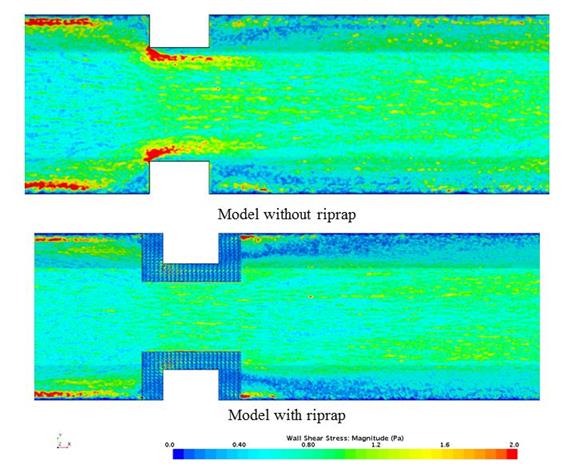This figure compares plan views of bottom shear stress for a model without riprap (top) and with riprap (bottom). In the model without riprap, shear stress hot spots are located at the upstream corners of both abutments close to the abutments. These high stresses would result in abutment scour. In the model with riprap, the riprap apron provides a protective layer at the abutment preventing erosion. (1 lbf/ft2 = 47.88 Pa)