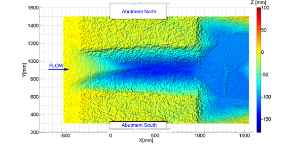 This figure is the plan view of the digitized equilibrium scour map. Deepest scour is in the center of the channel between the abutments and downstream of the contraction, with a scoured area downstream of the contraction. (1 inch = 2.54 mm.)