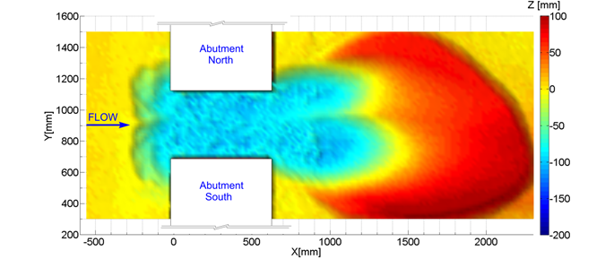 This figure is the plan view of the digitized equilibrium scour map. Deepest scour is in the center of the channel between the abutments and upstream of the contraction, but is limited by the level buried riprap apron. Significant mounding of sediment has occurred downstream of the opening. (1 inch = 2.54 mm.)