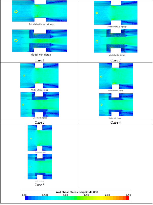 These graphics compare plan views of bottom shear stress for a model without riprap (top) and with riprap (bottom) for cases 1 through 5. Generally, the shear stresses are higher in the area in the contracted section between the riprap aprons for the model with riprap compared with the model without riprap. The ratio of the two shear stresses decreases with increasing opening width going from case 1 to case 5. (1 lbf/ft2 = 47.88 Pa.)