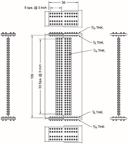 This illustration show the dimensions of the various splice plates used to bolt the left and right girder sections together using the current method. The girder web plates are at a 109-inch constant depth for both the left and right girder sections. The top and bottom flange splice plates are 39 inches long, and each side of the splice has 24 bolts distributed in 4 lines across the flange width and 6 rows along the flange length. In the direction of the flange, the bolt pitch is 3 inches. The flange outer splice plates are 9/16 inch thick, and the four interior splice plates are 5/8 inch thick. There is a web splice plate on each side of the web, and they are individually 7/16 inch thick. Each side of the web splice plate has 102 bolts in a pattern that is 34 rows high and 3 columns wide with a row spacing of 3 inches.