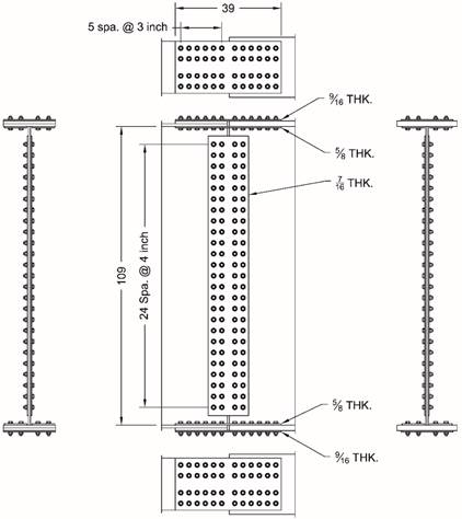 This illustration shows the dimensions of the various splice plates used to bolt the left and right girder sections together using the new method. The girder web plates are at a 109-inch constant depth for both the left and right girder sections. The top and bottom flange splice plates are 39 inches long, and each side of the splice has 24 bolts distributed in 4 lines across the flange width and 6 rows along the flange length. In the direction of the flange, the bolt pitch is 3 inches. The flange outer splice plates are 9/16 inch thick, and the four interior splice plates are 5/8 inch thick. There is a web splice plate on each side of the web, and they are individually 7/16 inch thick. Each side of the web splice plate has 50 bolts in a pattern that is 25 rows high and 2 columns wide with a row spacing of 4 inches.