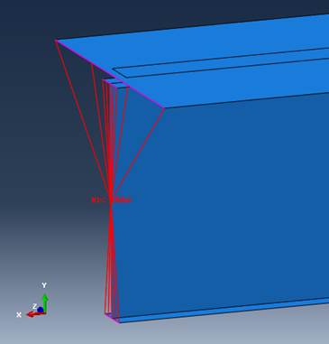 This illustration shows a three-dimensional shell representation of an I-shaped girder oriented from left to right and topped with a shell representation of a concrete deck. The concrete deck is elevated over the top flange of the girder. The illustration focuses on the left end section of the model. An X is shown at the center of the web at the end of the girder and labeled 'Multi-point Constraint Beam.' Lines emanate from the X out to all the edges of the girder cross section and concrete deck.