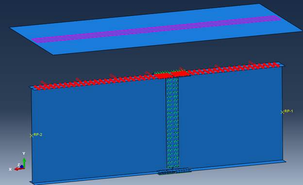 This illustration shows a three-dimensional shell representation of an I-shaped girder oriented from left to right and topped with a shell representation of a concrete deck. The concrete deck is elevated over the top flange of the girder. The top flange has numerous shaded circles spaced in a grid. They are distributed four across the flange and spaced every 6 inches along the length of the girder. A shaded box is centered in the concrete deck and has a width roughly the same as the girder flange width and runs the length of the model.